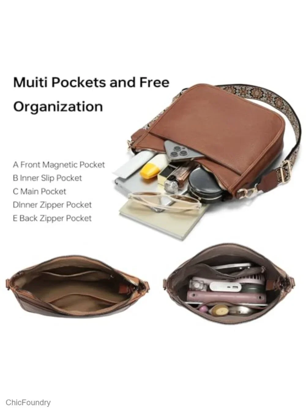 Women's Vegan Leather Crossbody Hobo Bag with Adjustable Wide Guitar Strap